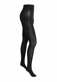 Sorte leggings med en tekstureret overflade, der har en let glans fra sprøjtede detaljer. Glat stof, tætsiddende design, der dækker fra talje til ankler.