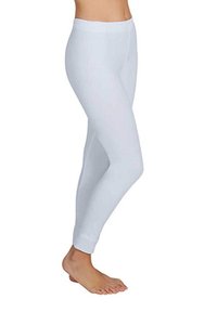 Leggings blancos de material elástico, diseño ajustado y largo hasta el tobillo. Textura suave con una cinturilla elástica, sin patrones significativos.