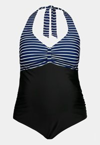 Pruhovaný halter plavky s námořnickou modrou a bílou horní částí, černým spodkem, designem s V-výstřihem a nařasenými boky pro přiléhavý vzhled.
