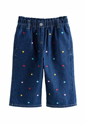 Pantaloni din denim albastru închis pentru copii, cu talie elastică și buline multicolore în roșu, galben, roz și albastru deschis.