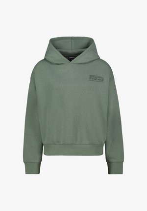 Grüne Kapuzenjacke mit gerippten Bündchen und Saum. Die Vorderseite zeigt ein kleines, bedrucktes Textdesign. Hergestellt aus weichem, strukturiertem Baumwollgemisch.