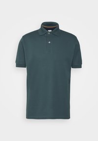 Polo shirt à manches courtes de couleur bleu canard foncé avec deux boutons et un col, présenté sur un fond clair uni.