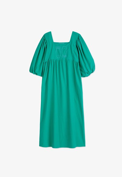 Teal cotton dress with a square neckline and puff sleeves. Features gathered bodice and embroidered fish design on the front.
