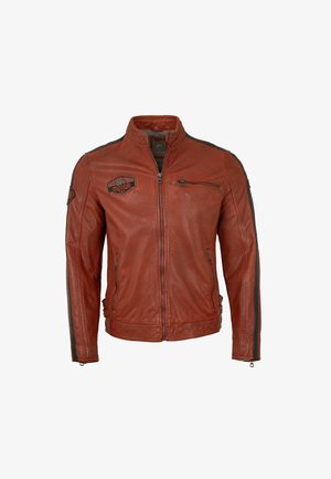 Rote Leder-Motorradjacke mit hohem Kragen, Reißverschluss-Front, zwei Seitentaschen und schwarzen Akzenten an den Schultern und Ärmeln.