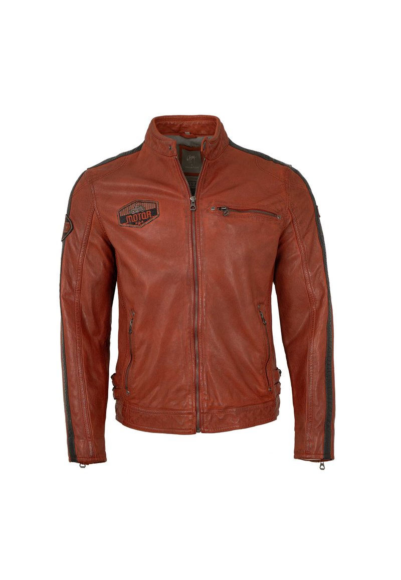 Rote Leder-Motorradjacke mit hohem Kragen, Reißverschluss-Front, zwei Seitentaschen und schwarzen Akzenten an den Schultern und Ärmeln.