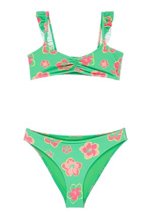 Zielony bikini z różowym i żółtym kwiatowym wzorem, z falbanami na ramiączkach górnej części oraz klasycznym dołem bikini.