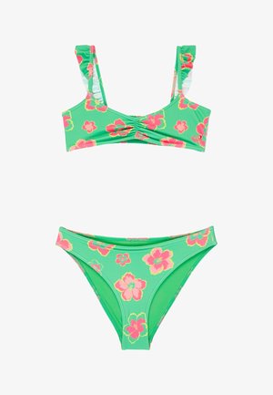 Zielony bikini z różowym i żółtym kwiatowym wzorem, z falbanami na ramiączkach górnej części oraz klasycznym dołem bikini.