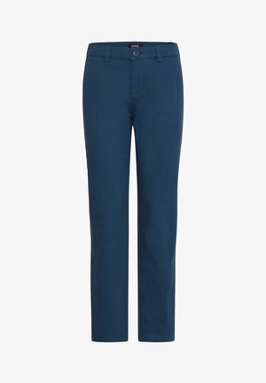 Mørkeblå bomullsbukser med rett ben-design, med knappelukking og beltehemper. Glatt tekstur og minimalt med detaljer.