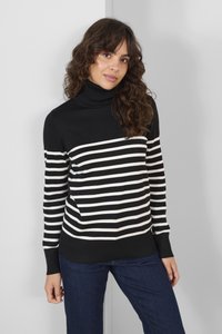 Pulover cu guler înalt, cu dungi negre și albe, cu mâneci lungi, cu manșete și tiv ribbate. Material moale, design slim fit.