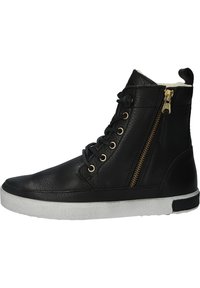 Sneaker alte in pelle nera con zip dorata, punta rotonda, suola bianca testurizzata e design con lacci. Presentano una morbida fodera interna.