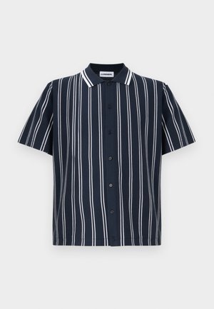 Navy blue short-sleeve button-up shirt with white vertical stripes and a collar, displayed on a plain light background.