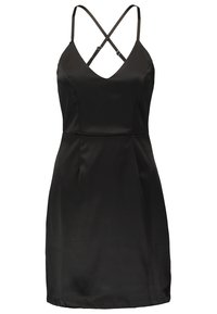Svart satin klänning med djup V-ringning, tunna X-bakband och en figurnära silhuett, med en slät textur och inga synliga mönster.