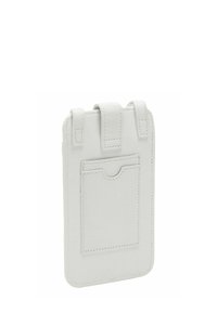 Pochette pour téléphone en cuir blanc avec poche à cartes à l'avant et trois passants de ceinture en haut pour fixation.