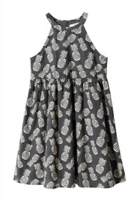 Ärmelloses, ausgestelltes Kleid aus dunkelgrauem Stoff mit einem weißen Ananas-Muster. Runder Ausschnitt und geraffter Taillennaht.