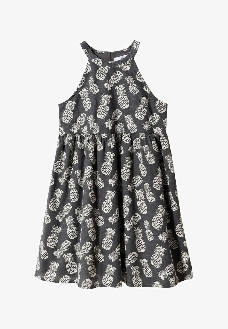 Ärmelloses, ausgestelltes Kleid aus dunkelgrauem Stoff mit einem weißen Ananas-Muster. Runder Ausschnitt und geraffter Taillennaht.