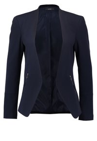 Námořnicky modrý blejzr s upraveným střihem, s výstřihem do V a dvěma zipovými kapsami. Hladká tkanina a otevřený přední design.