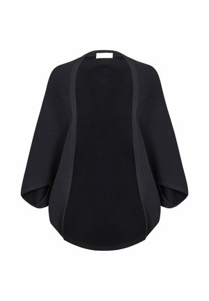 Cardigan en tricot noir présentant un design ample et ouvert avec des manches larges et un ourlet arrondi. Texture douce avec des accents lisses le long des bords.
