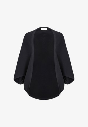 Cardigan en tricot noir présentant un design ample et ouvert avec des manches larges et un ourlet arrondi. Texture douce avec des accents lisses le long des bords.
