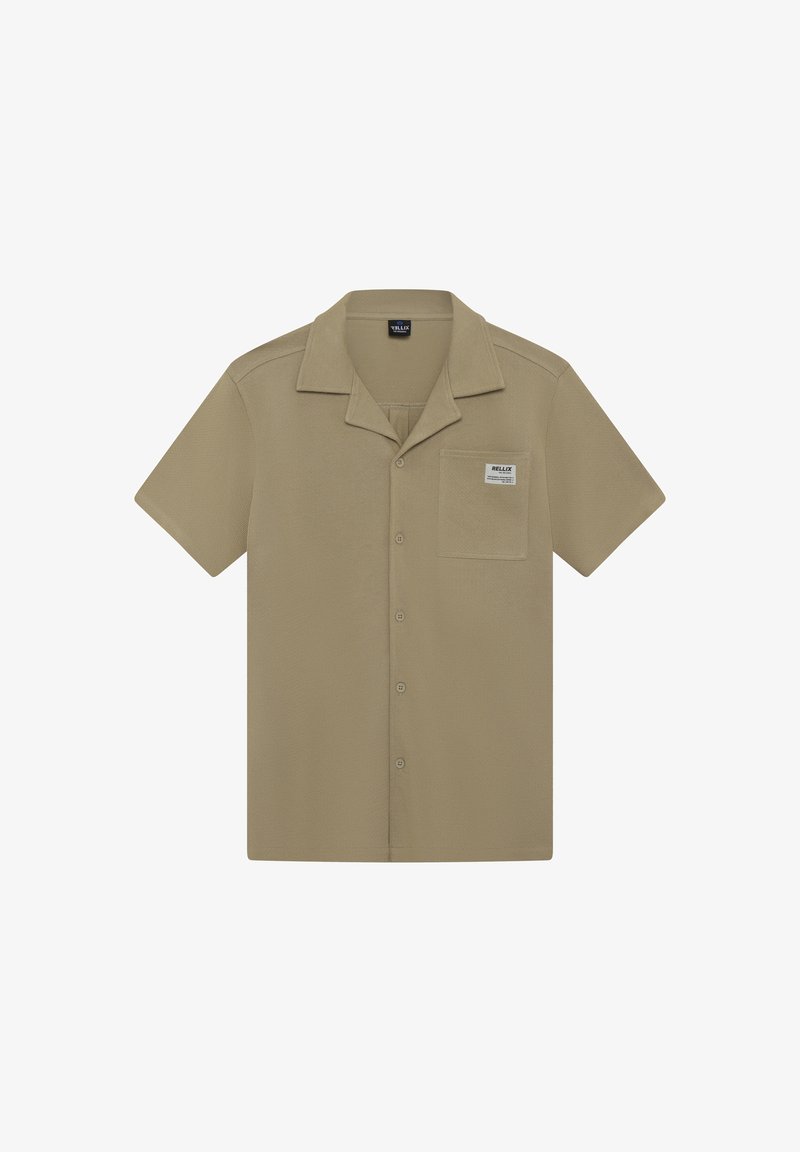 Korte mouwen, overhemd met knopen van licht beige stof met een gestructureerde afwerking; beschikt over een borstzak en een labelaccent.