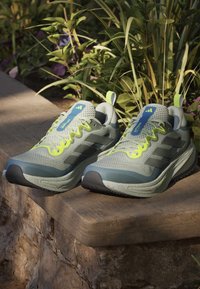 Paire de chaussures de course grises et vertes en tissu mesh avec des lacets jaune vif reposant sur un rebord en pierre à l'extérieur près de hautes plantes.