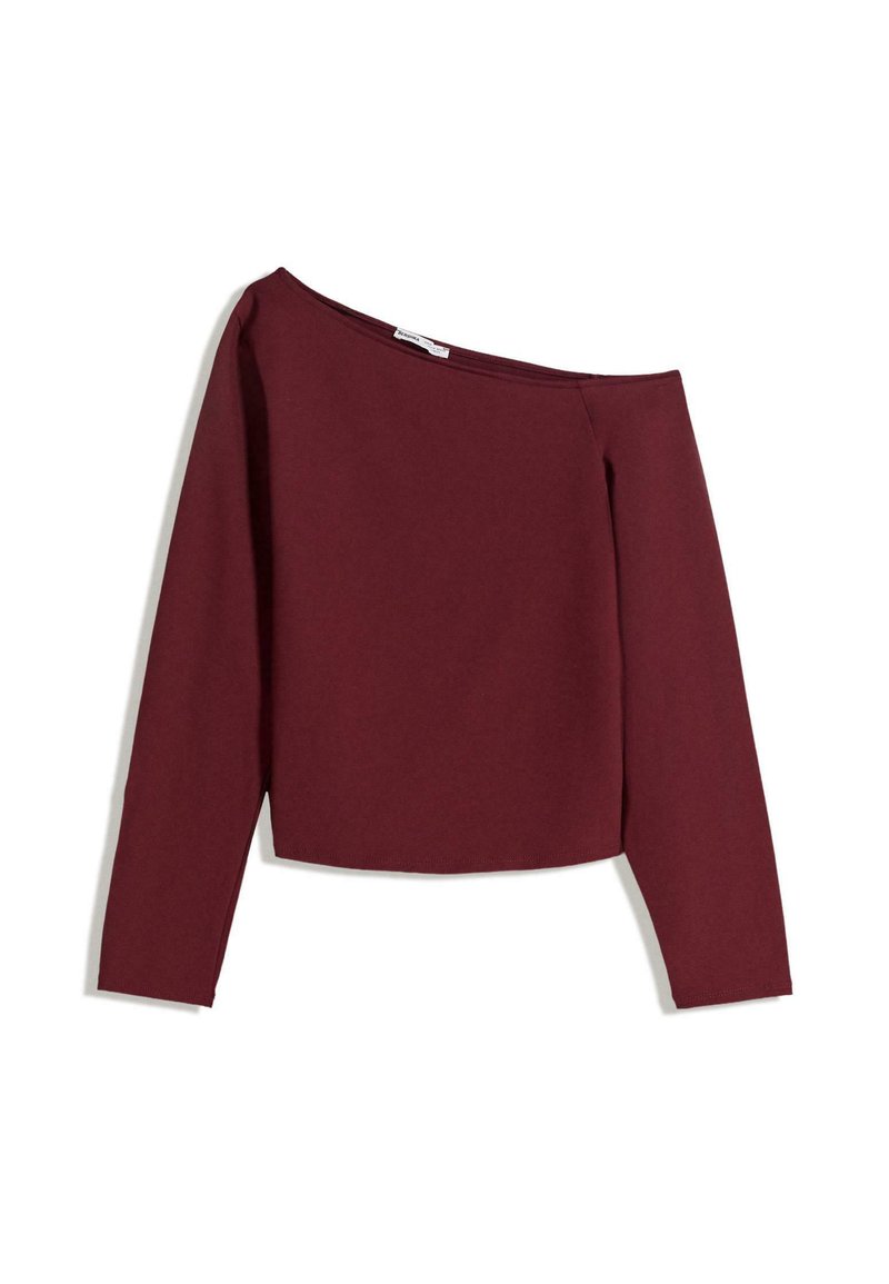 Bordeaux off-the-shoulder top med lange ærmer, lavet af et blødt, strækbart materiale. Har et cropped design og en glat tekstur.
