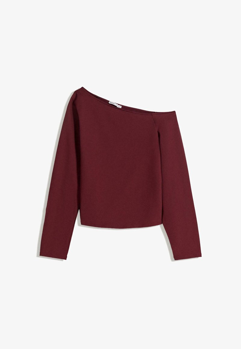 Bordeaux off-the-shoulder toppi, jossa on pitkät hihat, valmistettu pehmeästä ja joustavasta materiaalista. Ominaisuuksina on lyhyt muotoilu ja sileä pinta.
