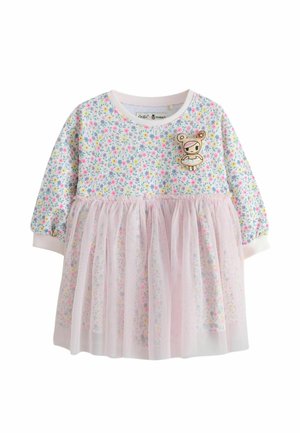 Otroška obleka z dolgimi rokavi z nežnim cvetličnim potiskom v pastelnih barvah, roza tutu krilo kot prekrivni sloj in majhna nalepka s prizorom iz risanke na prsih.