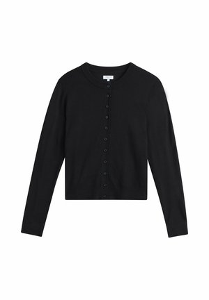 Zwarte lange mouwen vest met knopen, een ronde hals en geribbelde manchetten en zoom, plat gelegd tegen een witte achtergrond.