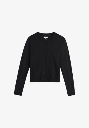 Zwarte lange mouwen vest met knopen, een ronde hals en geribbelde manchetten en zoom, plat gelegd tegen een witte achtergrond.