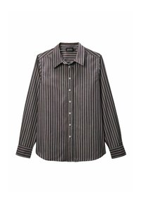 Chemise à manches longues en tissu marron foncé avec des rayures verticales blanches et bleu clair. Dotée d'un col classique et d'une fermeture à boutons sur le devant.