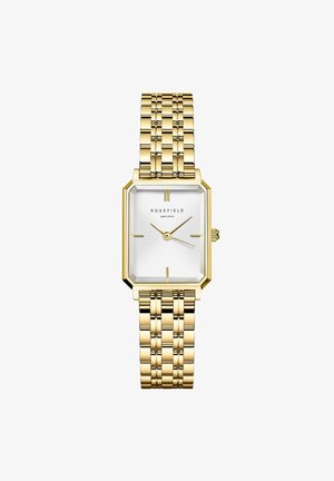 Gold-tone rectangular watch with a smooth, white dial, featuring a textured design, gold hour markers, and a link-style metal bracelet.