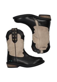 Stivali da cowboy in pelle nera con pannelli in suede beige, con dettagli a stella sul tallone e una cerniera laterale per una facile calzata.