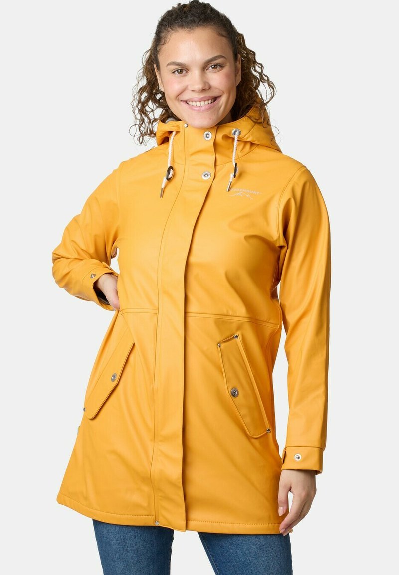 Yellow, waterproof raincoat with a hood, two large front pockets, and adjustable drawstrings. Smooth texture and fitted design.