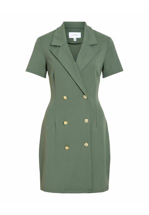 Vestito blazer a maniche corte verde oliva con bottoni doppi dorati e colletto con rever a incavo.