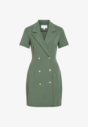 Lühikeste varrukatega oliiviroheline bleiserkleit topelt-rinnaknappidega kullavärvi nuppudega ja sälgulise kraega.