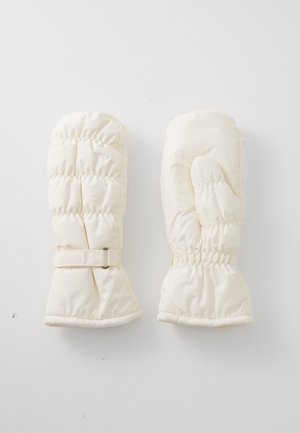 Moufles d'hiver rembourrées en tissu blanc doux avec un design matelassé, dotées de poignets élastiques et d'un détail de sangle pour un ajustement sécurisé.