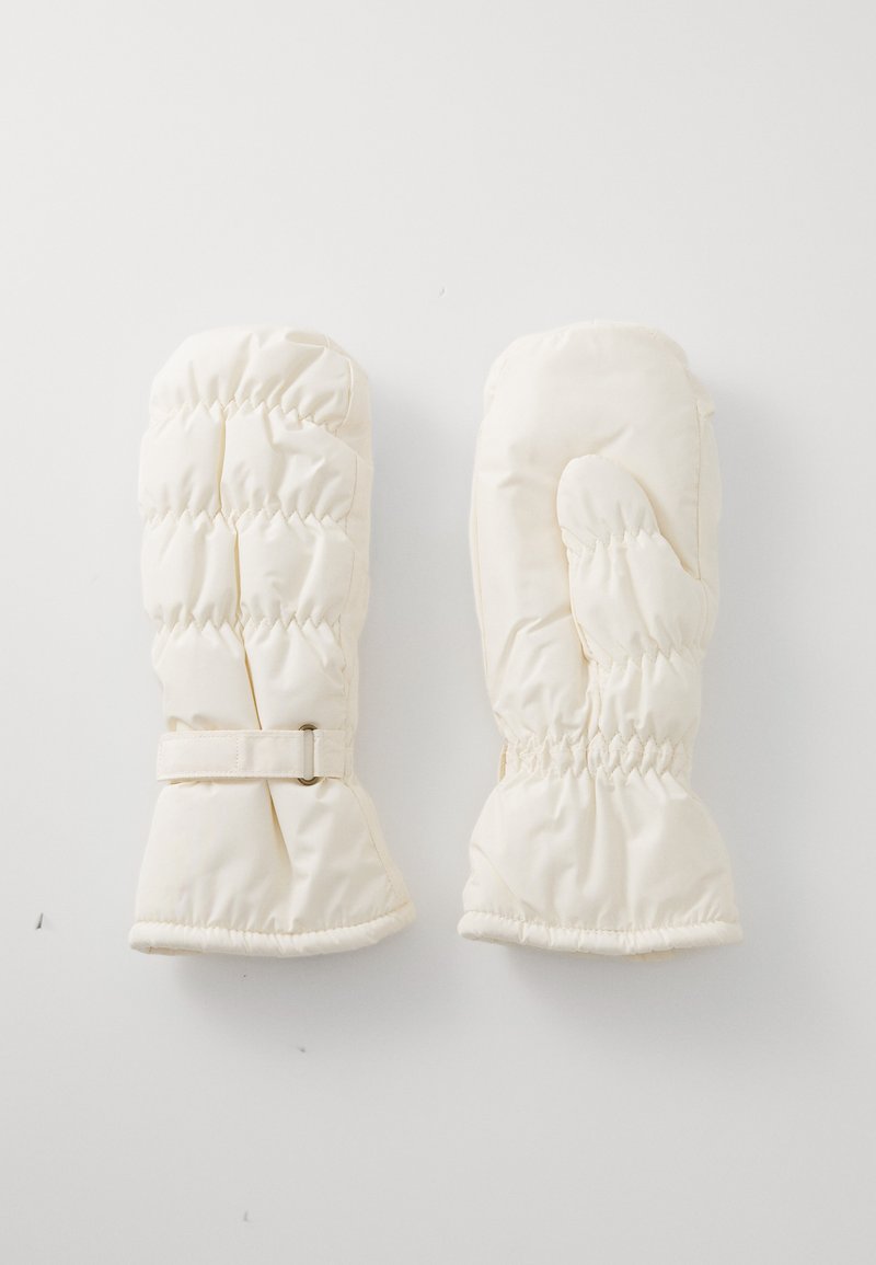 Gepolsterte Winterhandschuhe aus weichem weißen Stoff mit einem gesteppten Design, ausgestattet mit elastischen Bündchen und einem Riemen für einen sicheren Sitz.