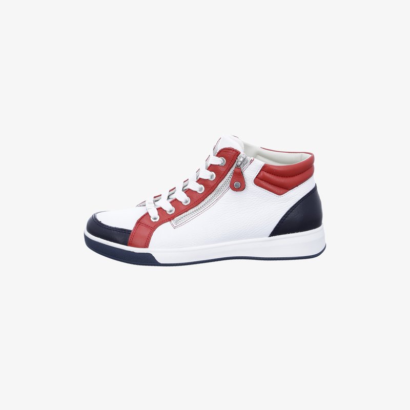 Weißer High-Top-Sneaker aus Leder mit roten und marineblauen Akzenten, weißen Schnürsenkeln, Reißverschluss an der Seite und gepolstertem Kragen.