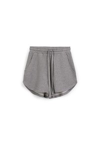 Shorts in cotone grigio con vita elastica, cordino e due tasche laterali; presentano una vestibilità rilassata e una leggera texture melange.