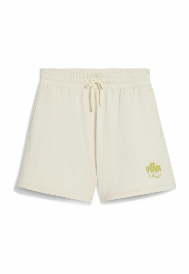 Crème-kleurige katoenen shorts met een elastische tailleband, koord, zijzakken en een lichtgroen logo op de linksonder.
