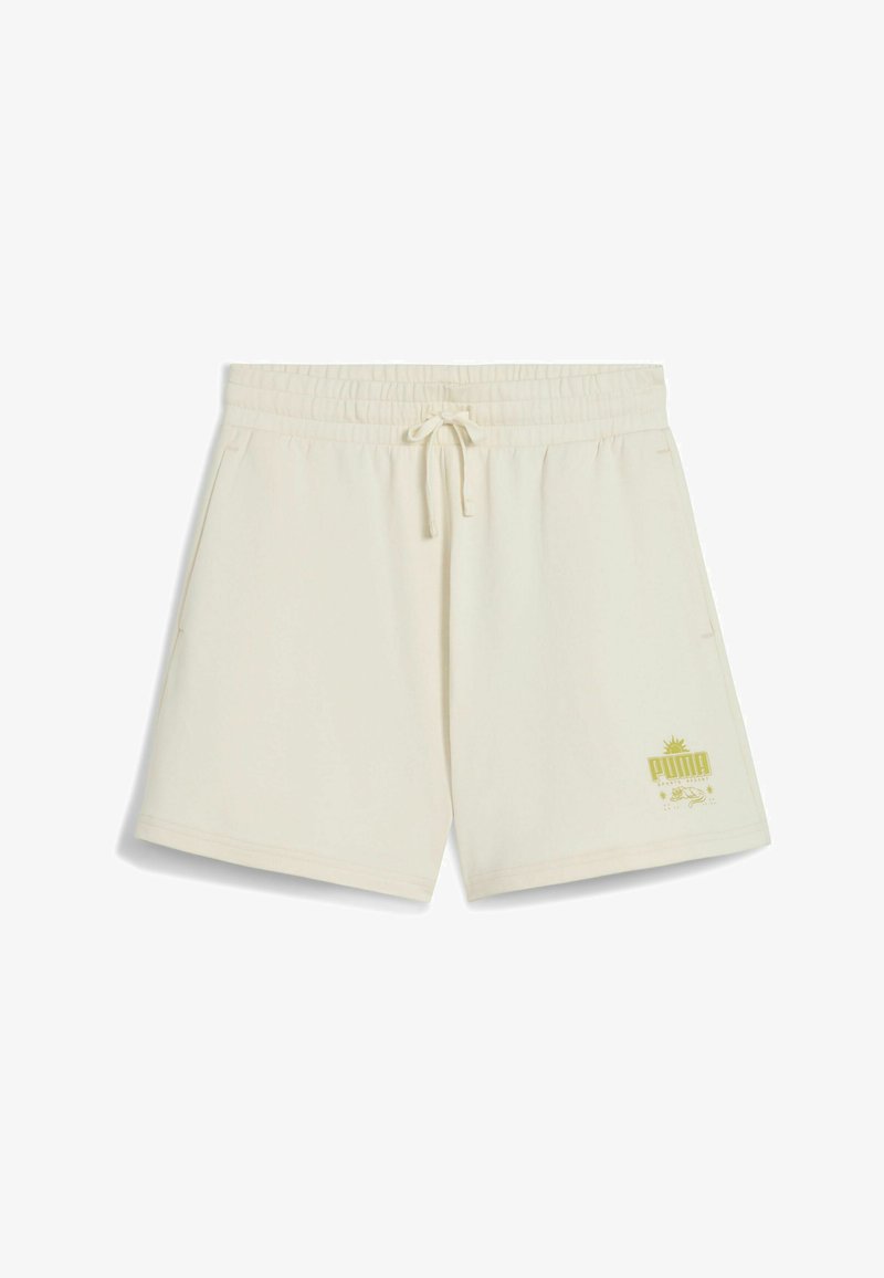 Crème-kleurige katoenen shorts met een elastische tailleband, koord, zijzakken en een lichtgroen logo op de linksonder.