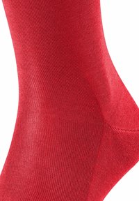 Calzino rosso con una texture liscia e leggera. Forma curva con dettagli a coste fini e tallone rinforzato.