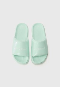 Mint green Air Jordan slides made of smooth plastic, featuring a thick, padded strap with embossed logo and textured footbed for grip.