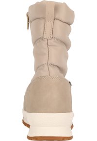 Stivale alla caviglia beige con upper imbottito, finitura texture, zip laterale e suola bianca a contrasto. Tacco rinforzato e materiali morbidi.
