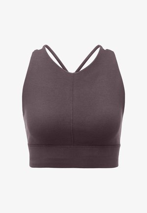 Dunkellila Sport-BH mit dünnen doppelten Schulterträgern und einer Naht in der Mitte vorne.