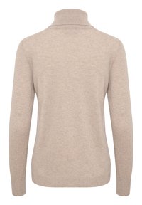 Beige sweater with a high neck, long sleeves, soft texture, and a smooth finish. Minimalist design with no visible patterns or hardware.