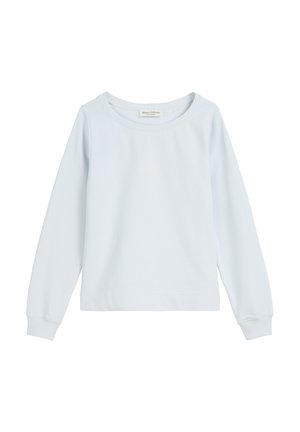 Hellblaues Sweatshirt mit rundem Ausschnitt, langen Ärmeln und gerippten Bündchen. Hergestellt aus weichem Stoff und mit einem minimalistischen Design ohne Muster.