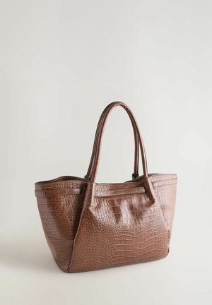 Braune, krokodilpräge Leder-Handtasche mit zwei stabilen Tragegriffen, ausgestattet mit einem geräumigen Fach und glatter Textur.