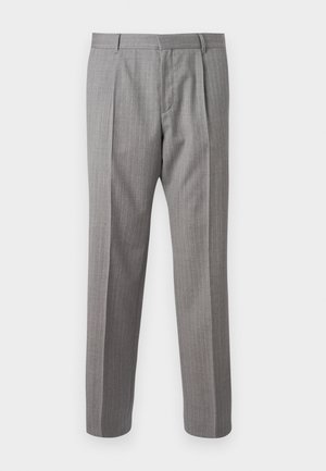 Gray, pinstriped trousers with a tailored fit, featuring front pleats, belt loops, and a smooth texture. Straight leg design, clean hems.