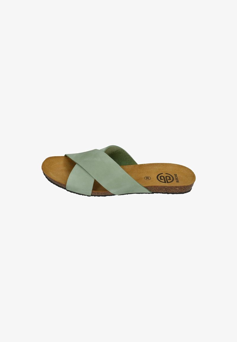 Green leather slide sandal with crossed straps, suede texture, cork footbed, and textured rubber sole. Size 38 printed inside.